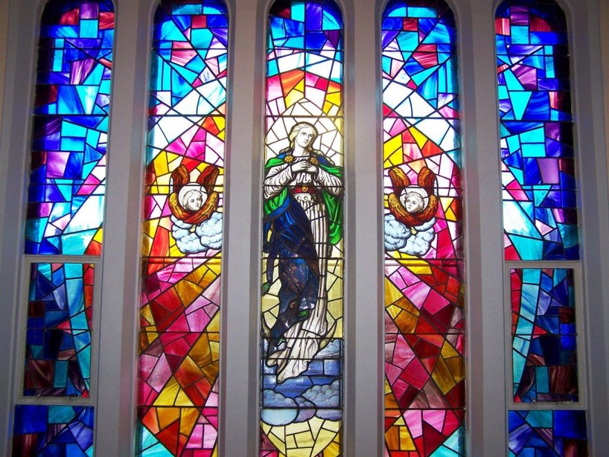 stained glass window, angels, jesus